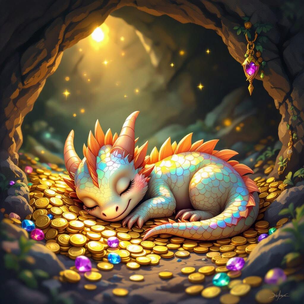 Adorable Baby Dragon Sleeps in Treasure Cave