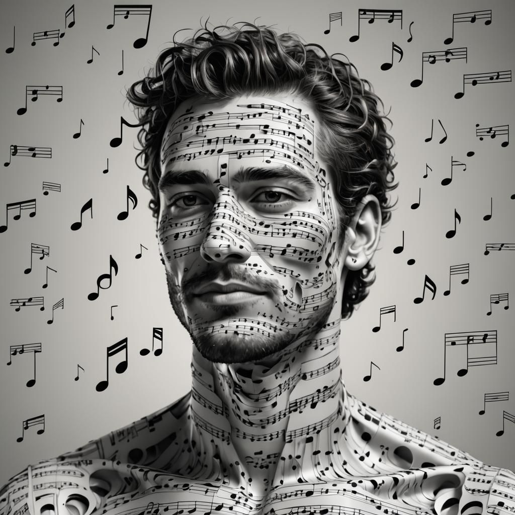 Photorealistic Man Composed of Music Notes