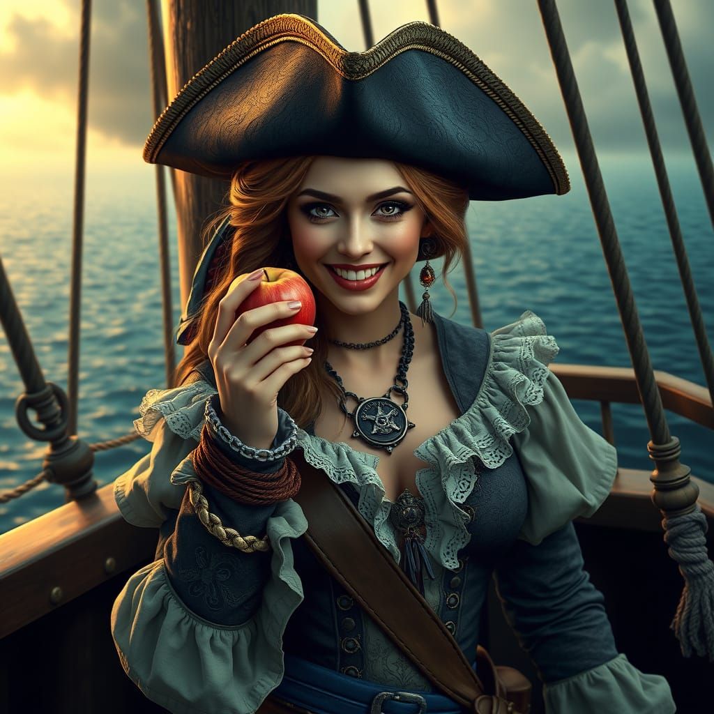 Hyperrealistic Pirate Maiden Savoring Apple at Sea