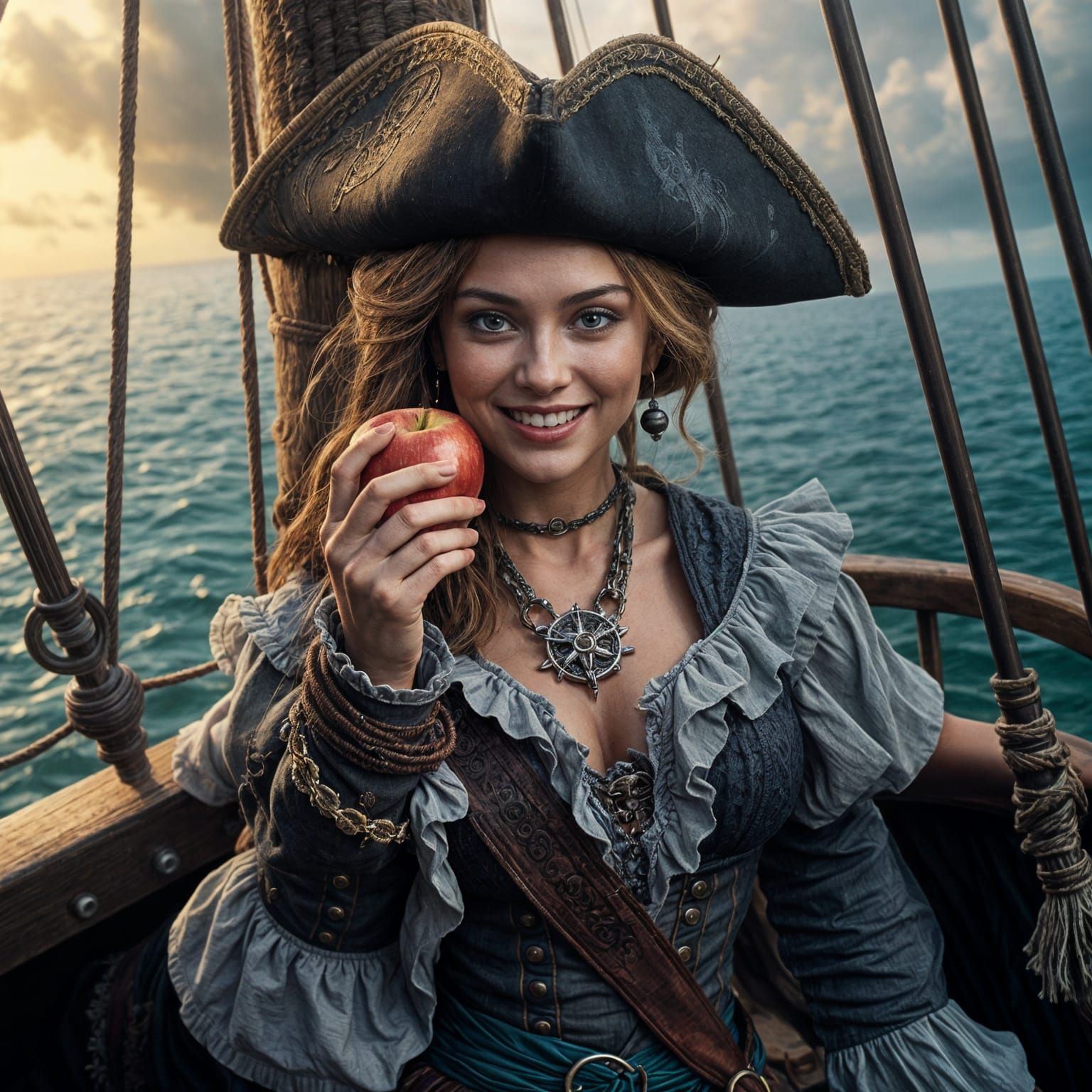 Beautiful Pirate Woman Enjoys Apple on Ship