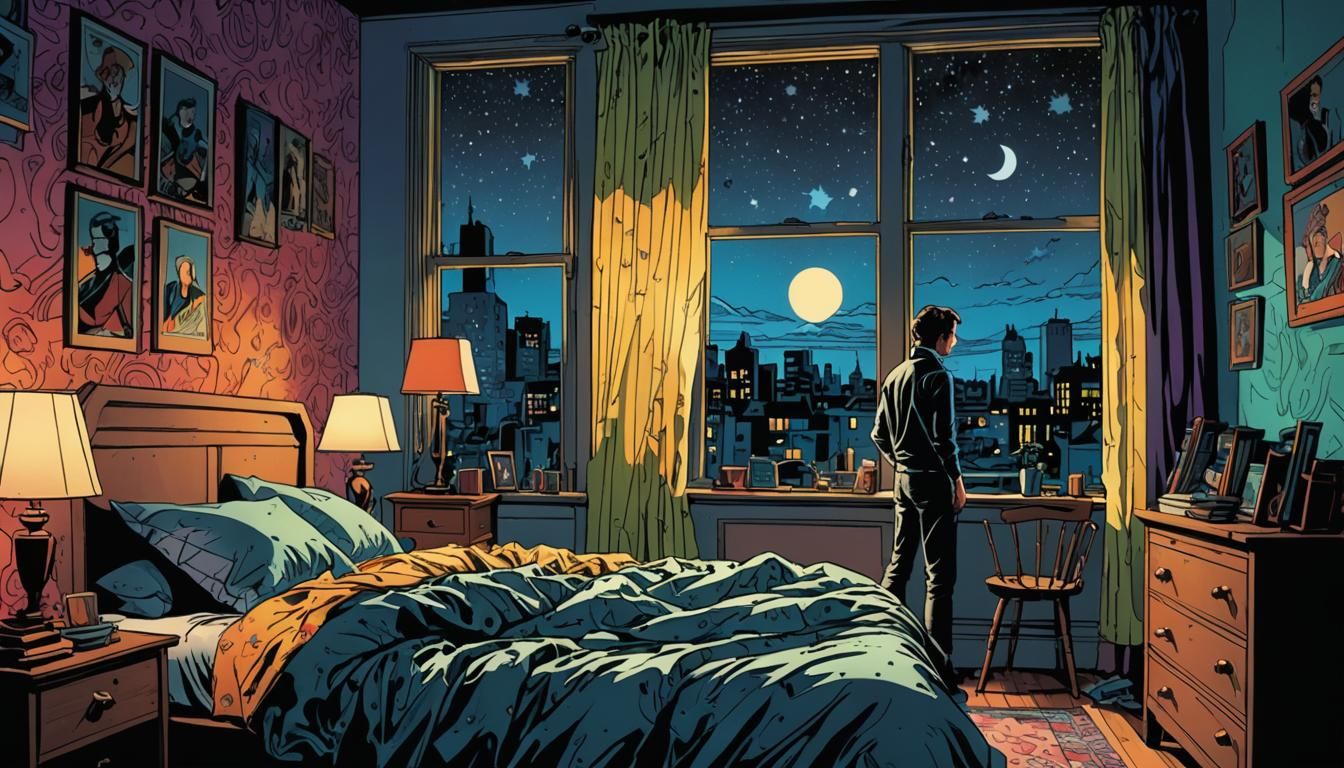 Dynamic Comic Book Bedroom Scene at Night