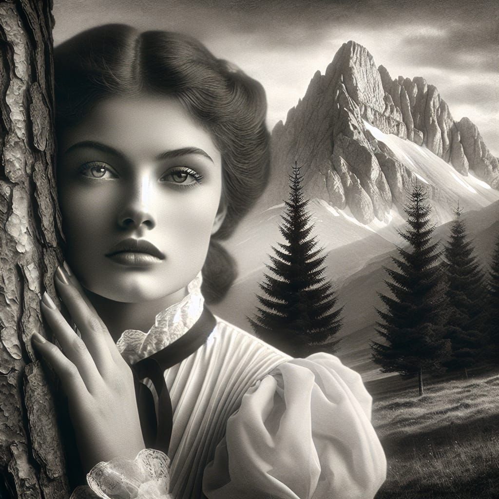 Contemplative Woman by Mountain: Monochrome Photography