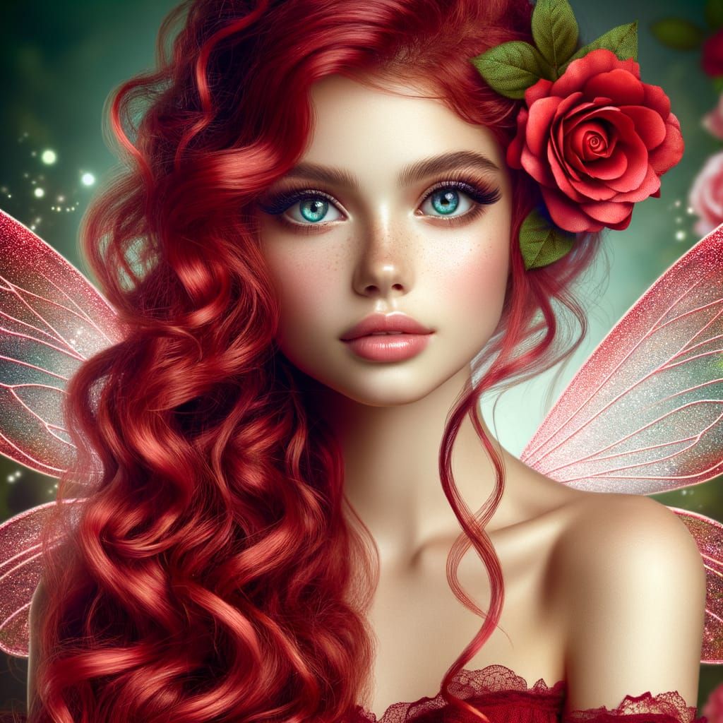 Rose Fairy with Radiant Eyes and Red Hair