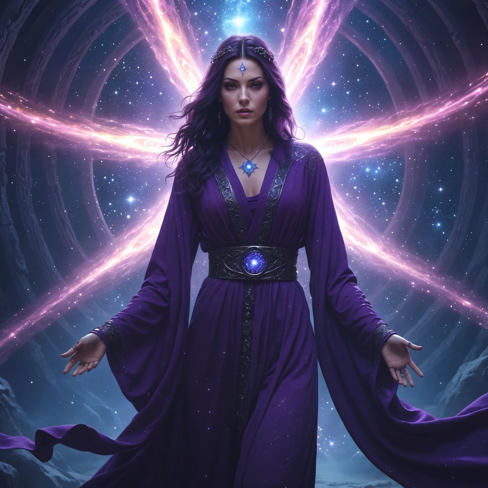 Mystic Woman Navigating Stardust Tunnels in Space-Time