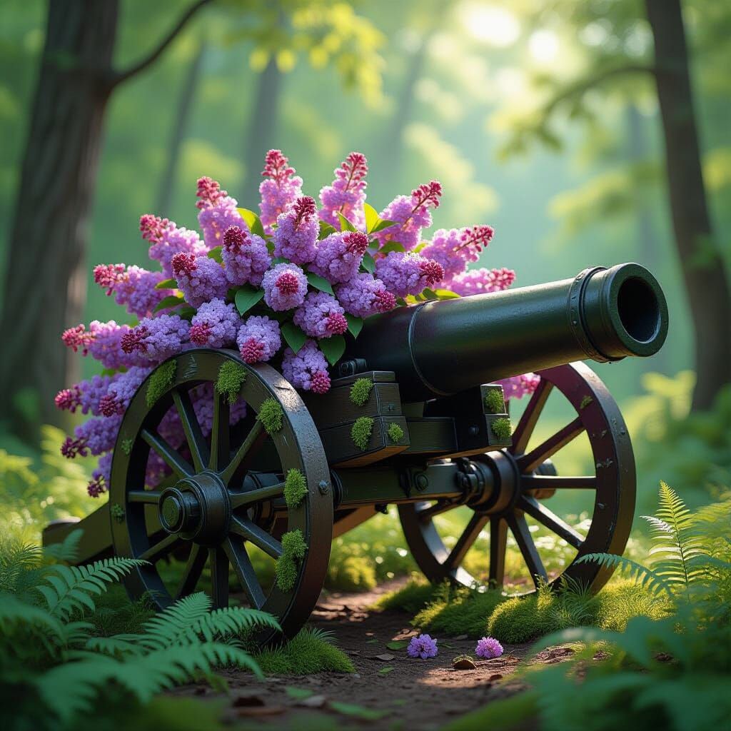 Lilac Bloom From Civil War Cannon, Hyperrealistic Style
