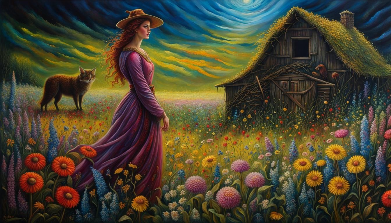 Spring Sorceress in Wildflower Meadow: Detailed Fantasy Art