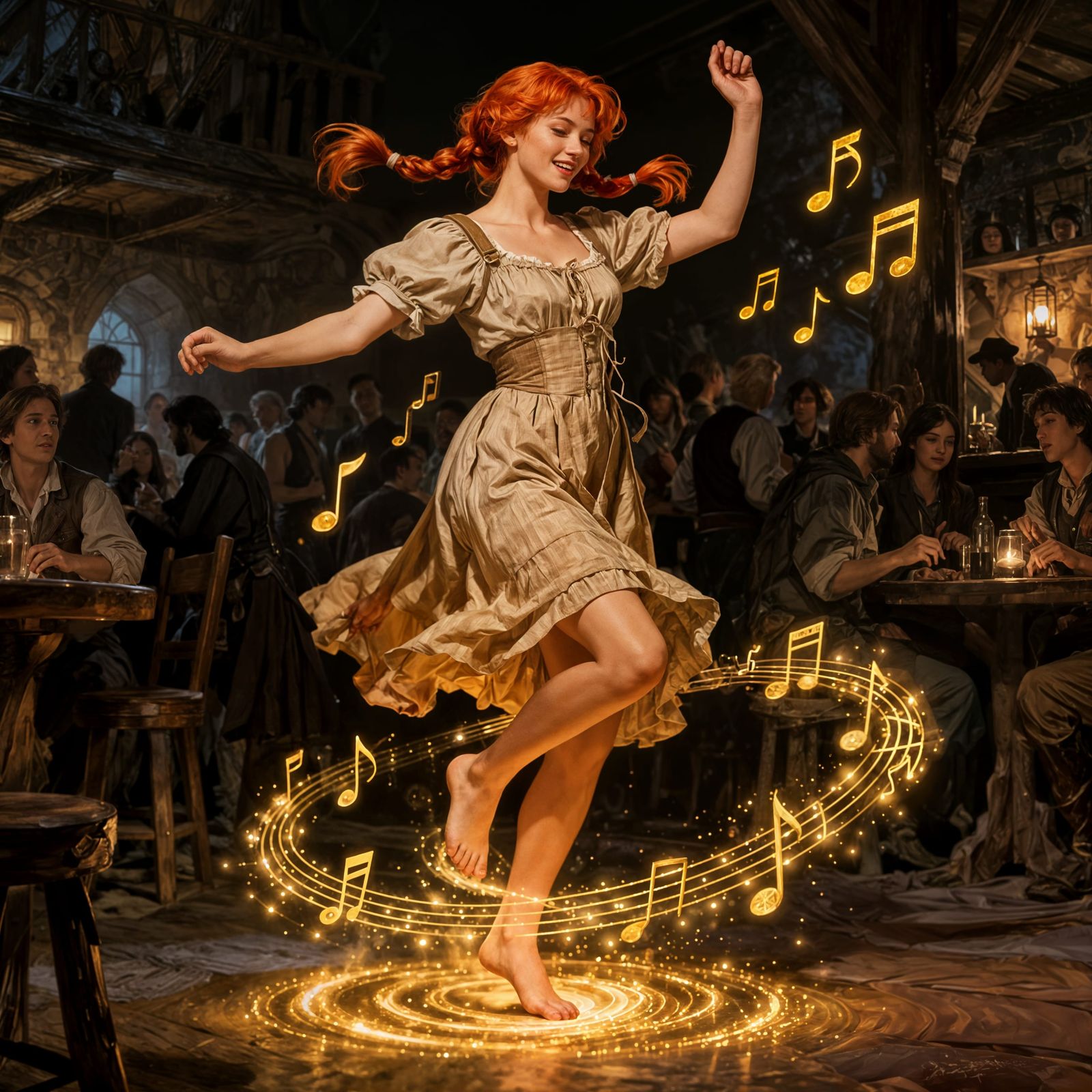 Ginger Tavern Wench Dancing Joyfully in Magical Tavern