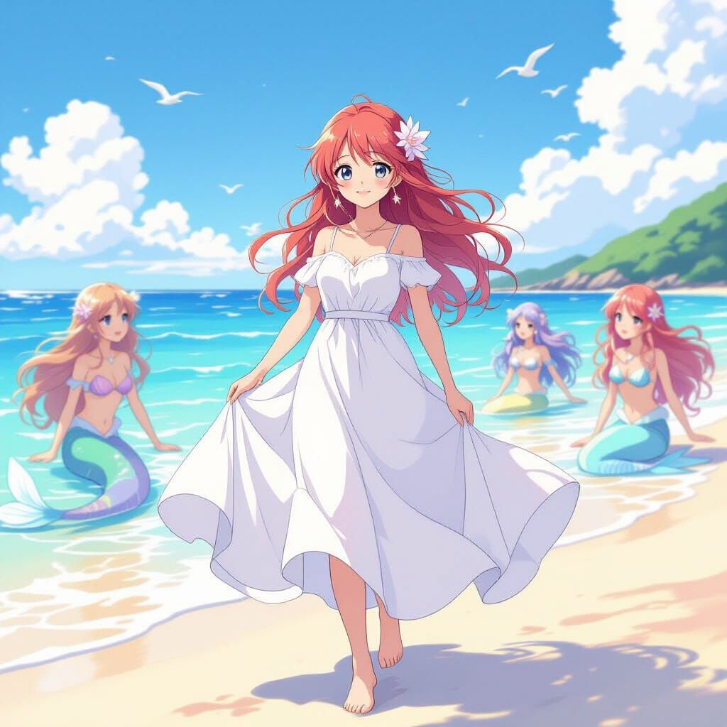 Lucy Heartfilia on Beach with Mermaids in Whimsical Style