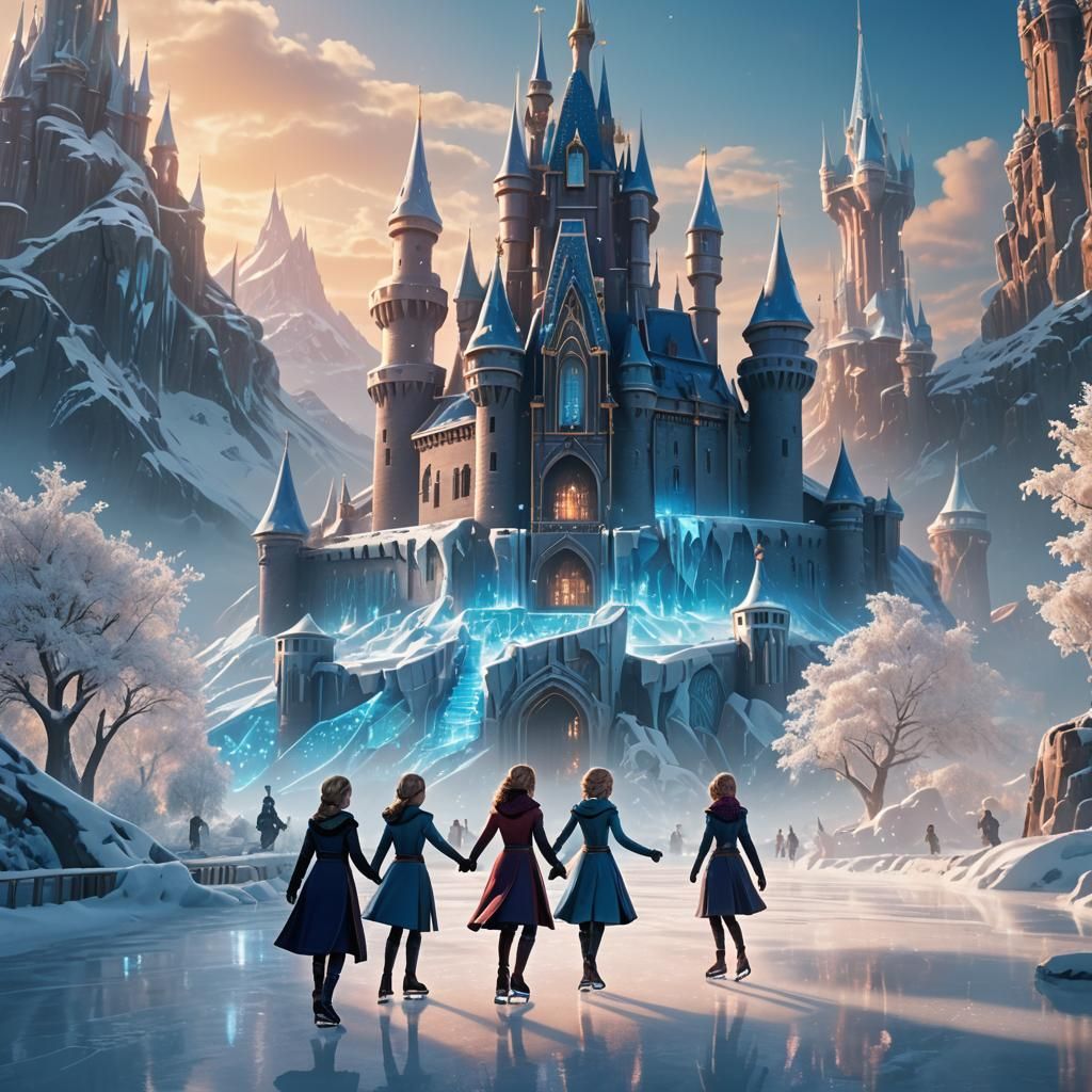 Elsa and Anna Skate Around Futuristic Castle