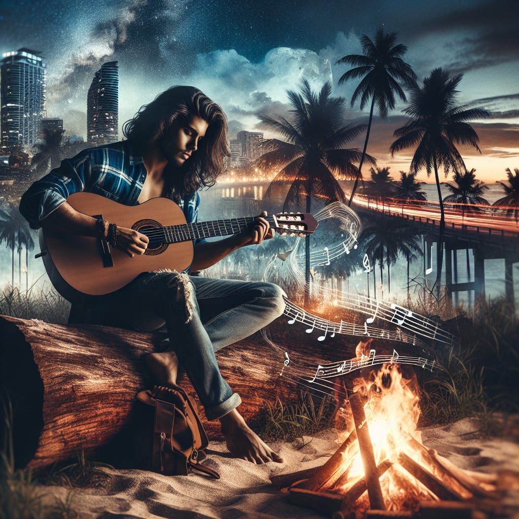 Double Exposure Fantasy: Guitar Player at Midnight