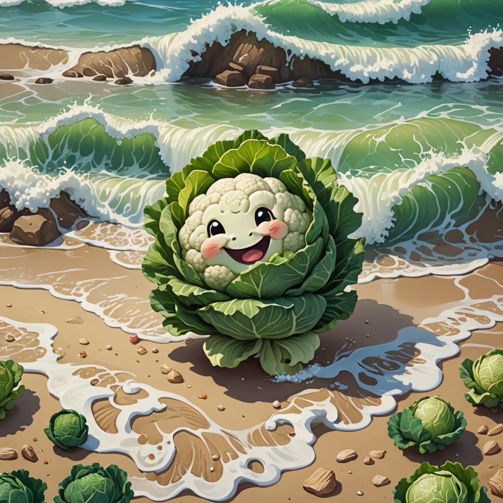Cartoon Vegetables' Beach Vacation in Splash Art Style