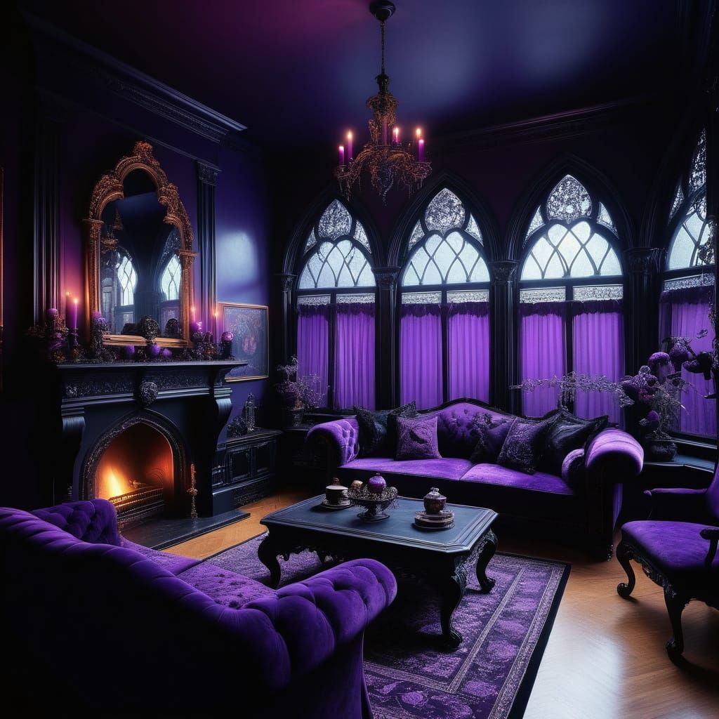 80s dark fantasy penthouse with black walls with granite acc...