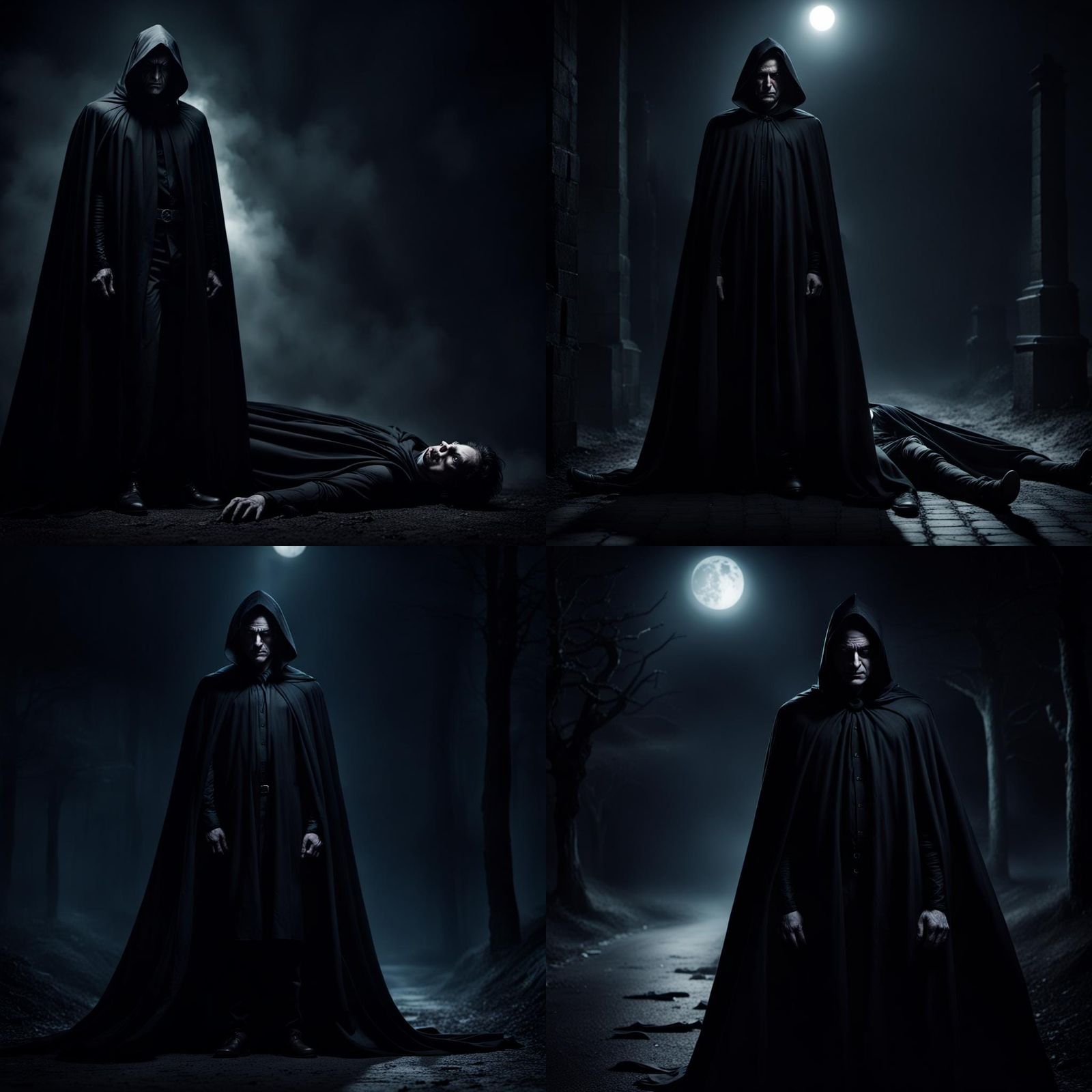 Sinister Figure in Dark Cape at Night