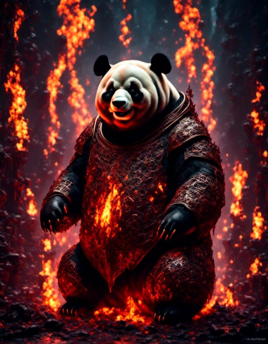 Flaming Giant Panda Portrait in Surreal Style