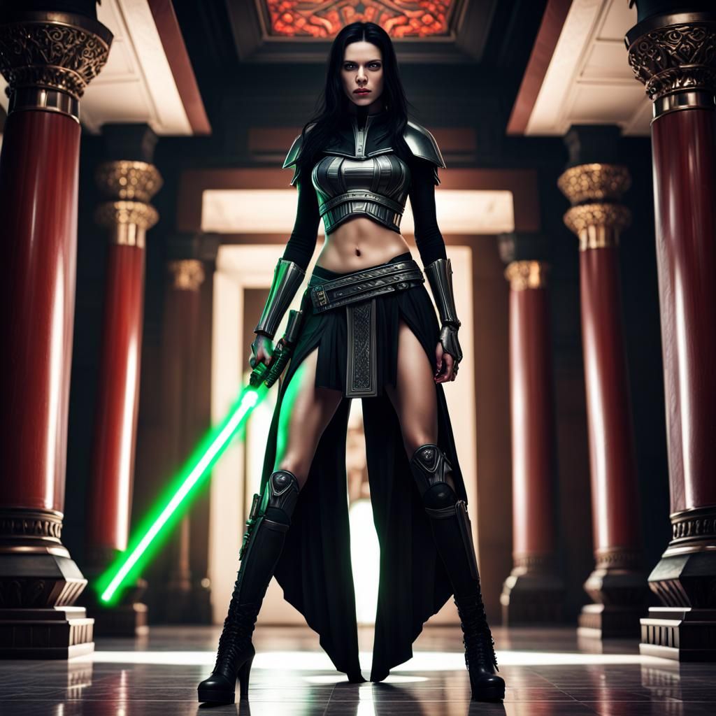 Hyperrealistic Sith Lord in Temple with Lightsaber