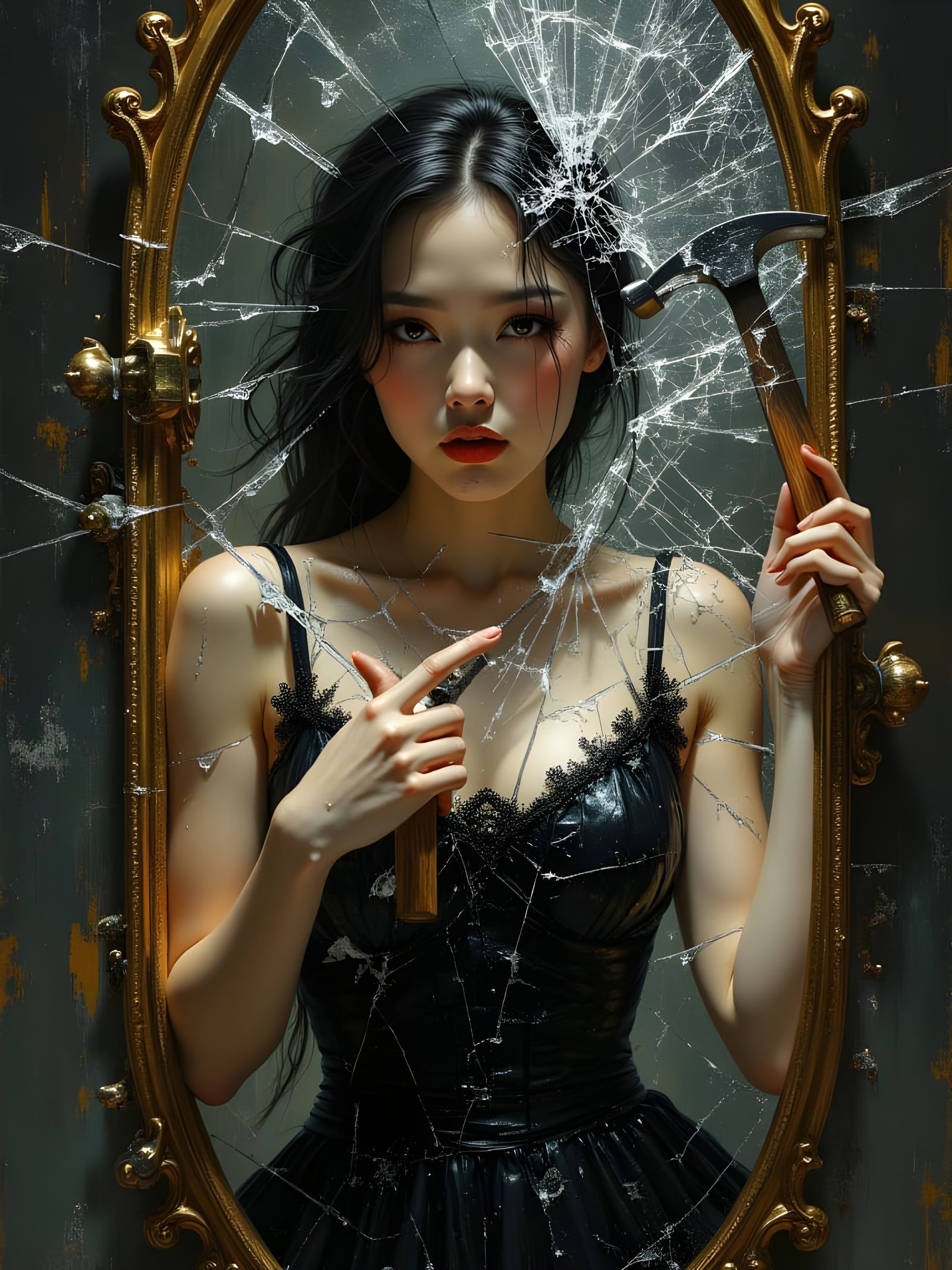 Muse Trapped in Shattered Mirror in Manet Style