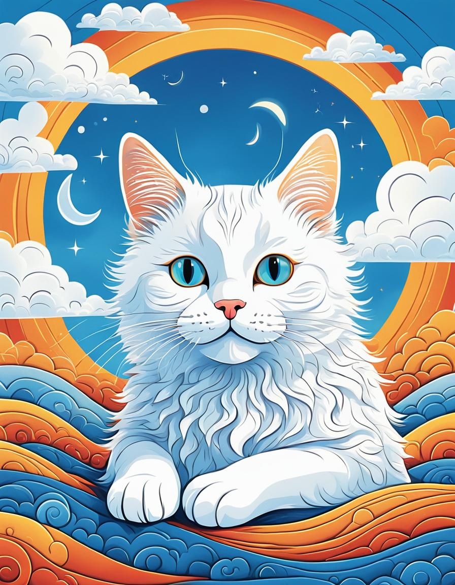 Fluffy Cat in Smiling Sun Illustration