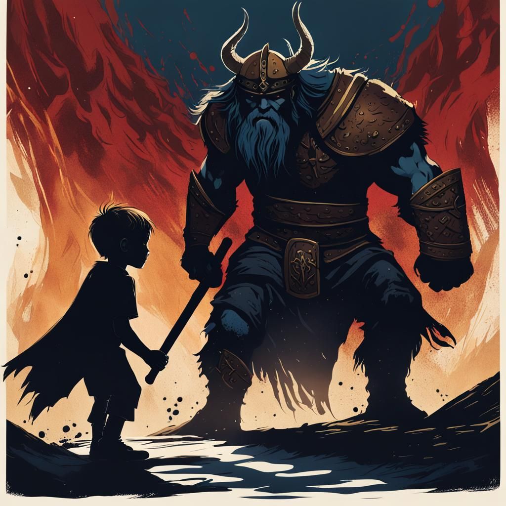 Viking Warrior Looms Over a Young Boy as Odin's Shadow Emerg...