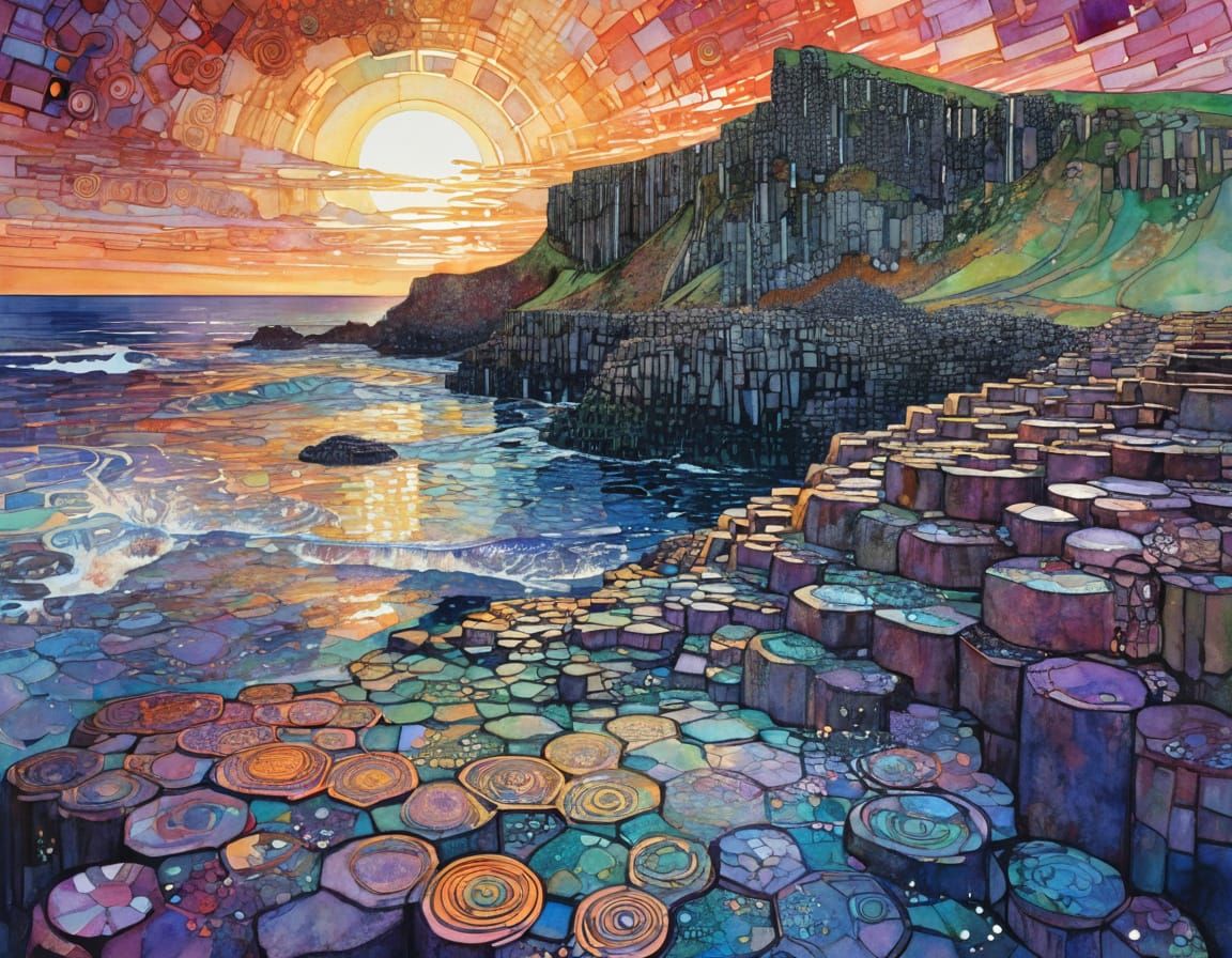 Giant's Causeway Sunset in Art Nouveau Style