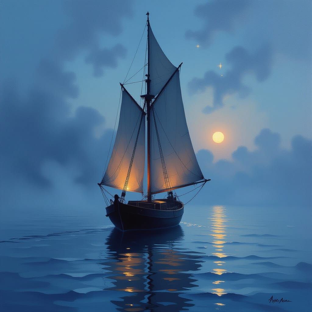 Ethereal Sailboat in Misty Twilight Sea, Impasto Acrylic Sty...