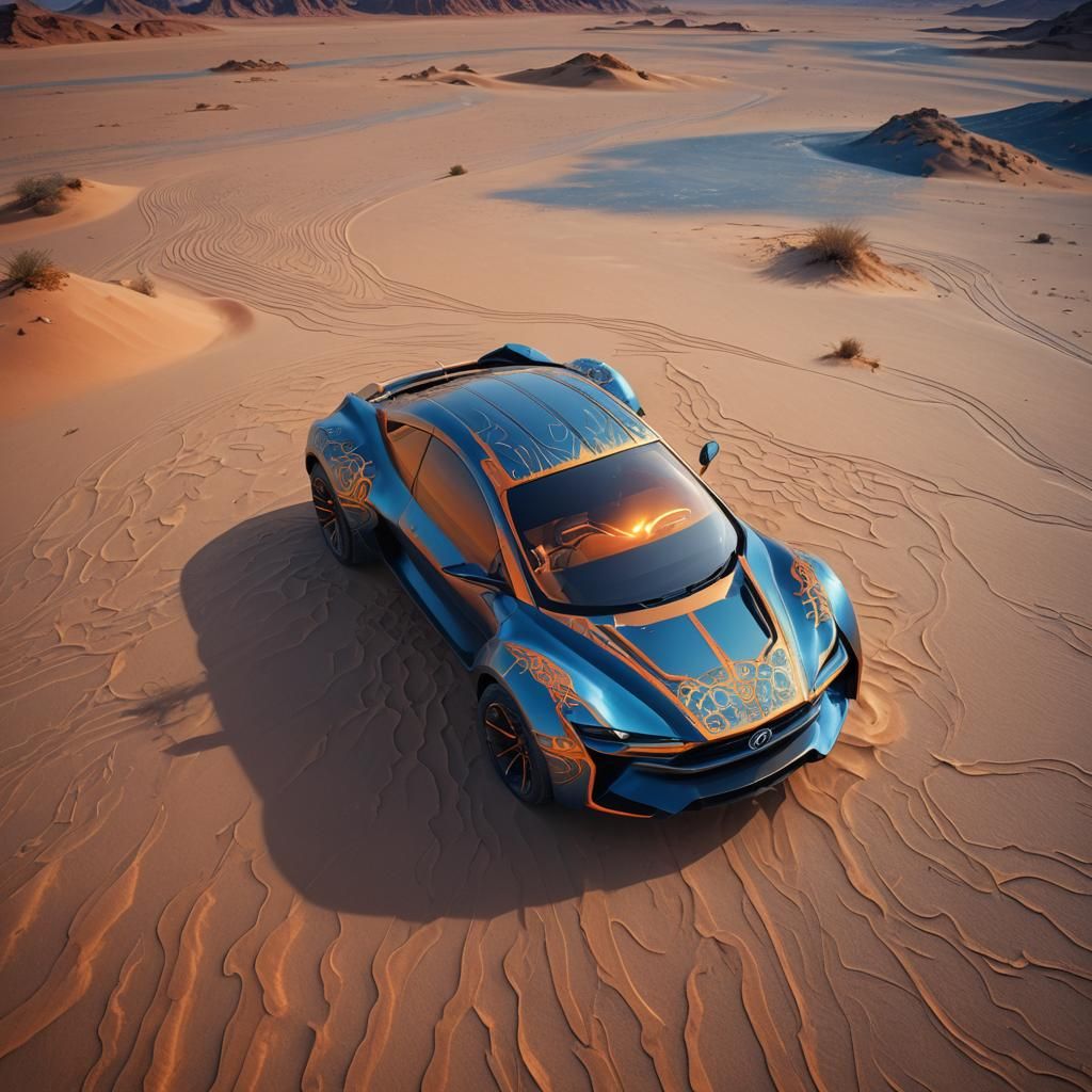 Futuristic Car in Desert Landscape, Matte Painting