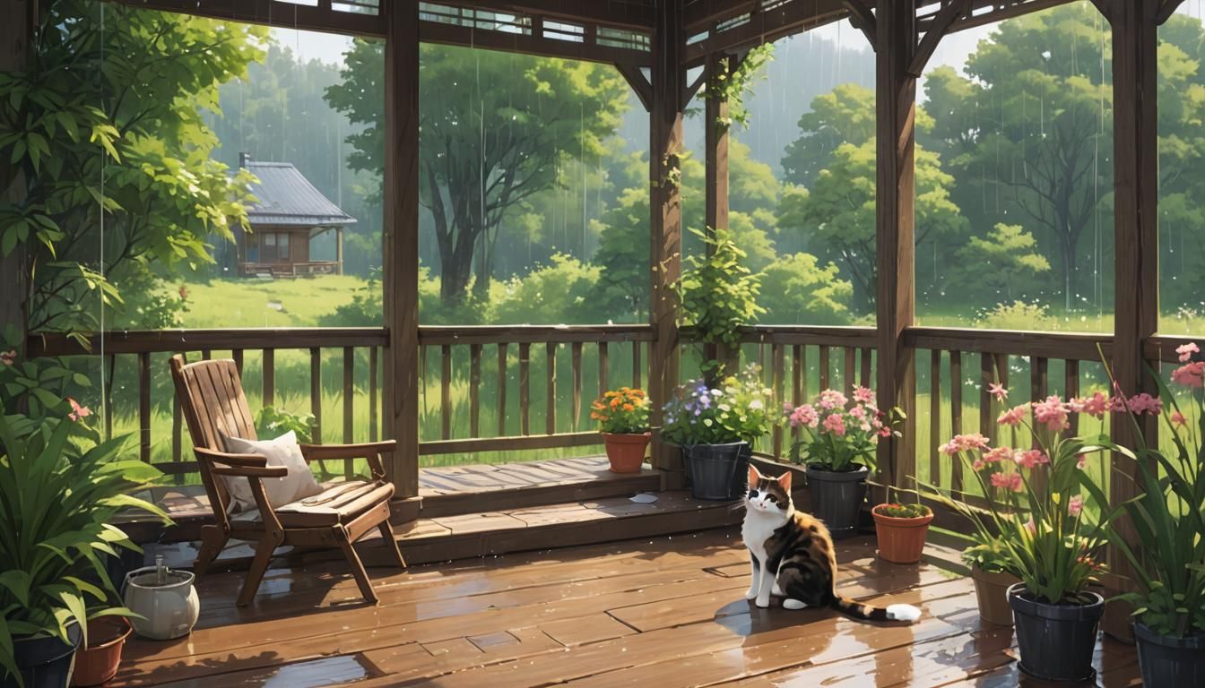 Cozy Porch View of Summer Meadow in Anime Style