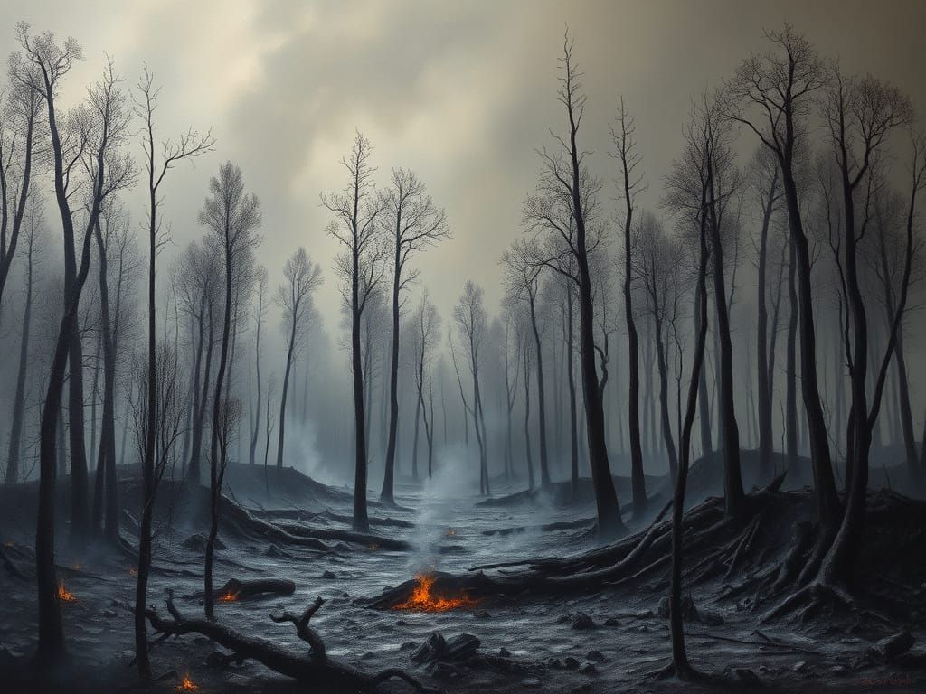 Majestic Forest Inferno in Romantic-Realist Oil Painting