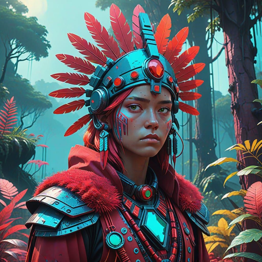 Amazonian Red Gemstone Tribe Warrior in Vibrant Red Jungle L...