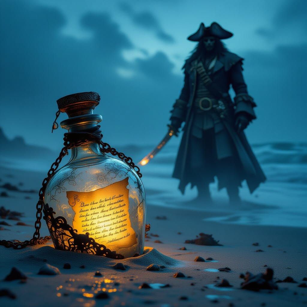 Fantasy Beach Scene: Spectral Pirate Captain and Ancient Bot...