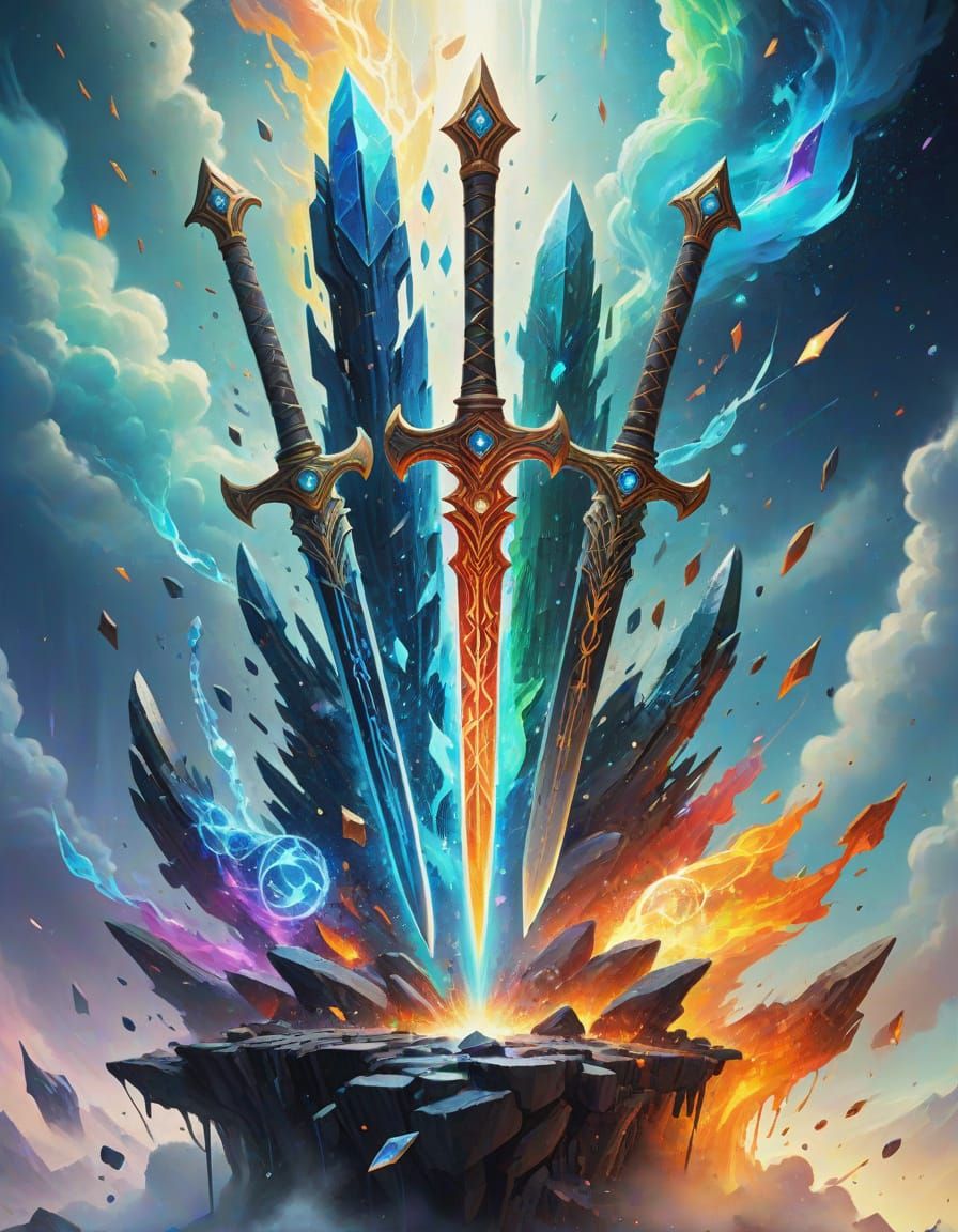 Celestial Crystal Swords in Vibrant Fantasy Style