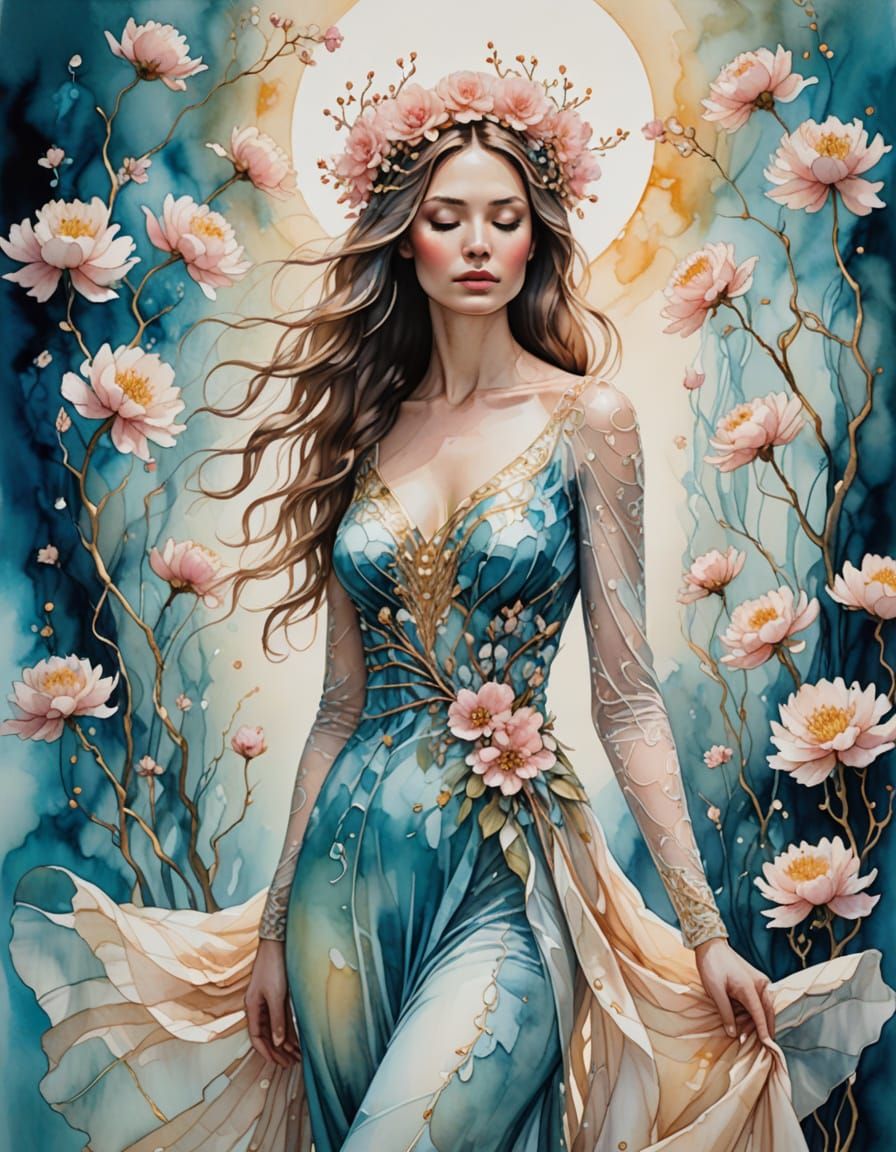 Ethereal Woman in Alcohol Ink and Watercolor