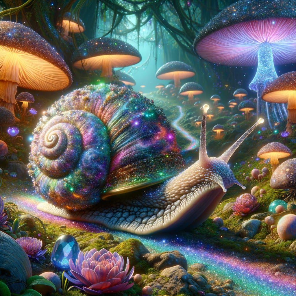Iridescent Nebula Snail in Glowing Garden