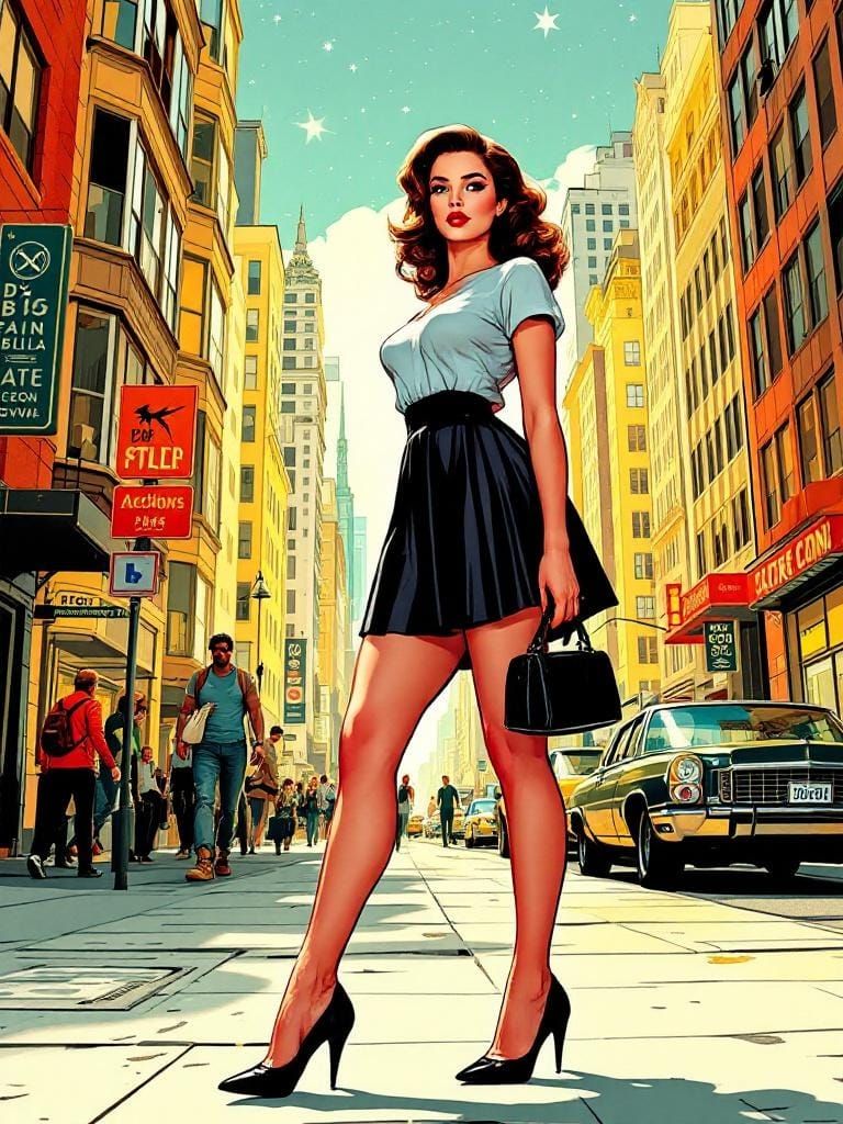 1950s Pin-Up in Retro-Futuristic Cityscape