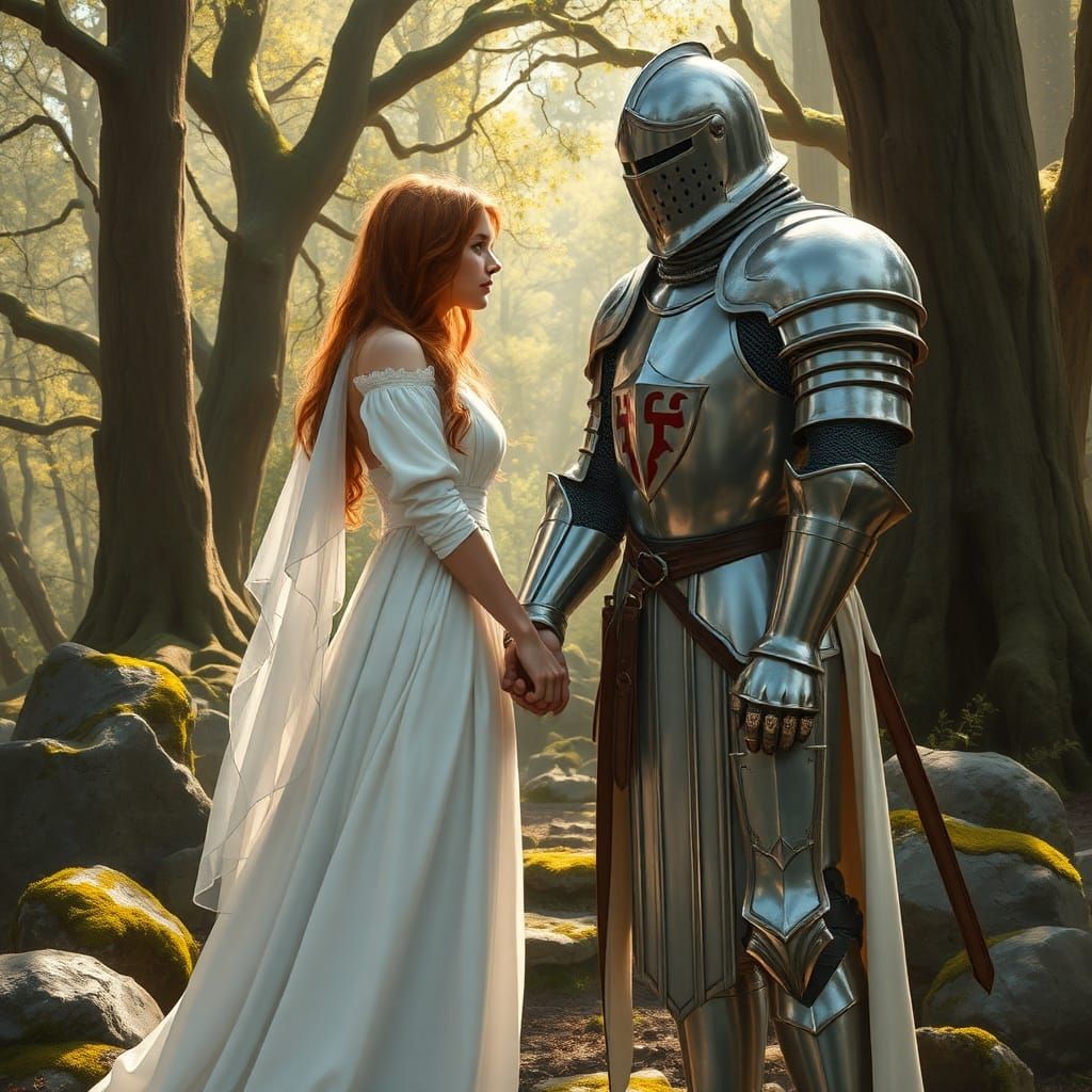 Medieval Romance: White Gown Woman Holds Knight's Hand in Fo...