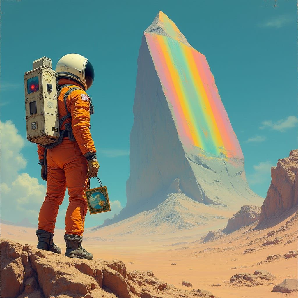 Astronaut and Rainbow Monolith on Alien Planet