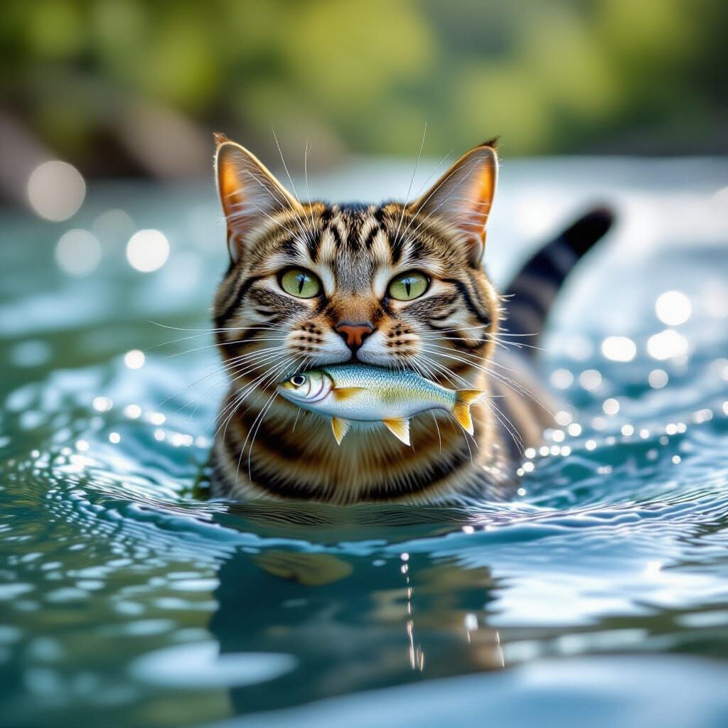 Tabby Cat Joyfully Swims with Fish in River
