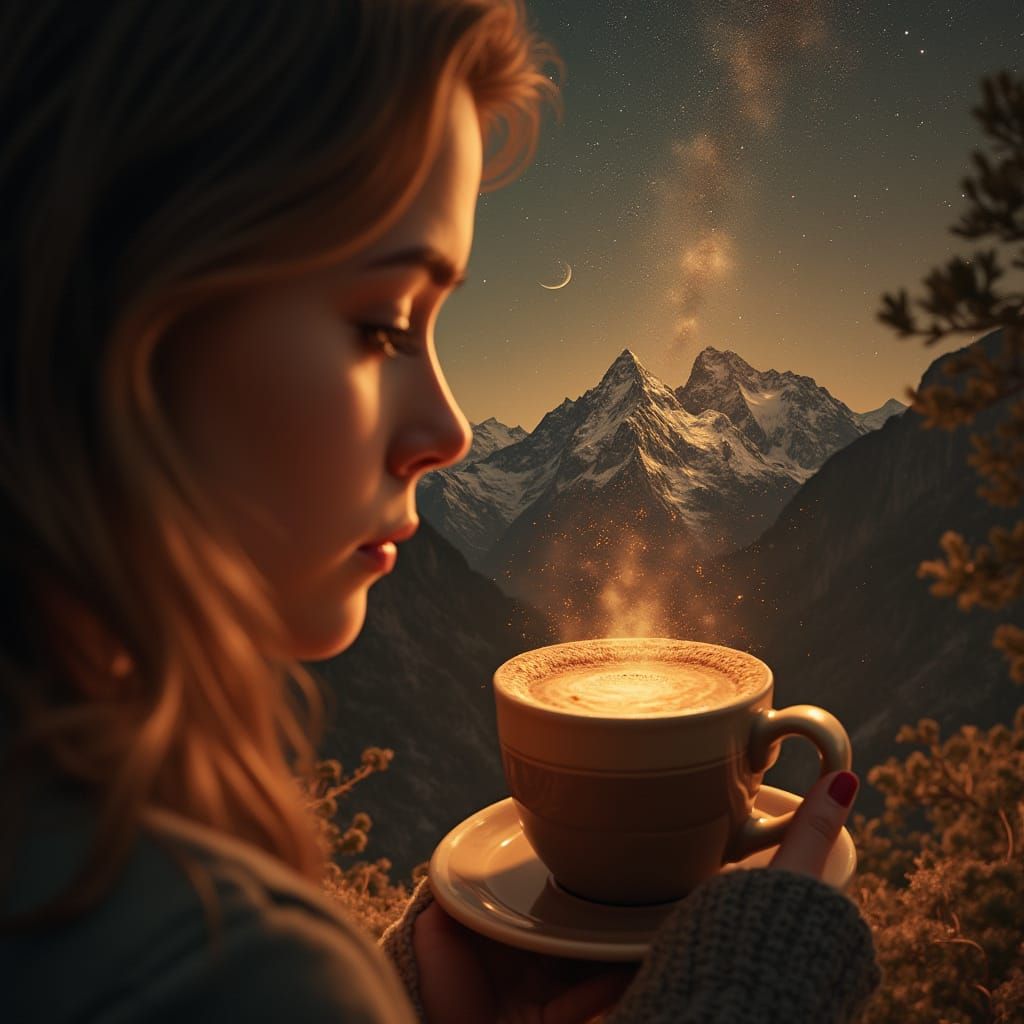Coffee Cup Reflects Golden Night Sky