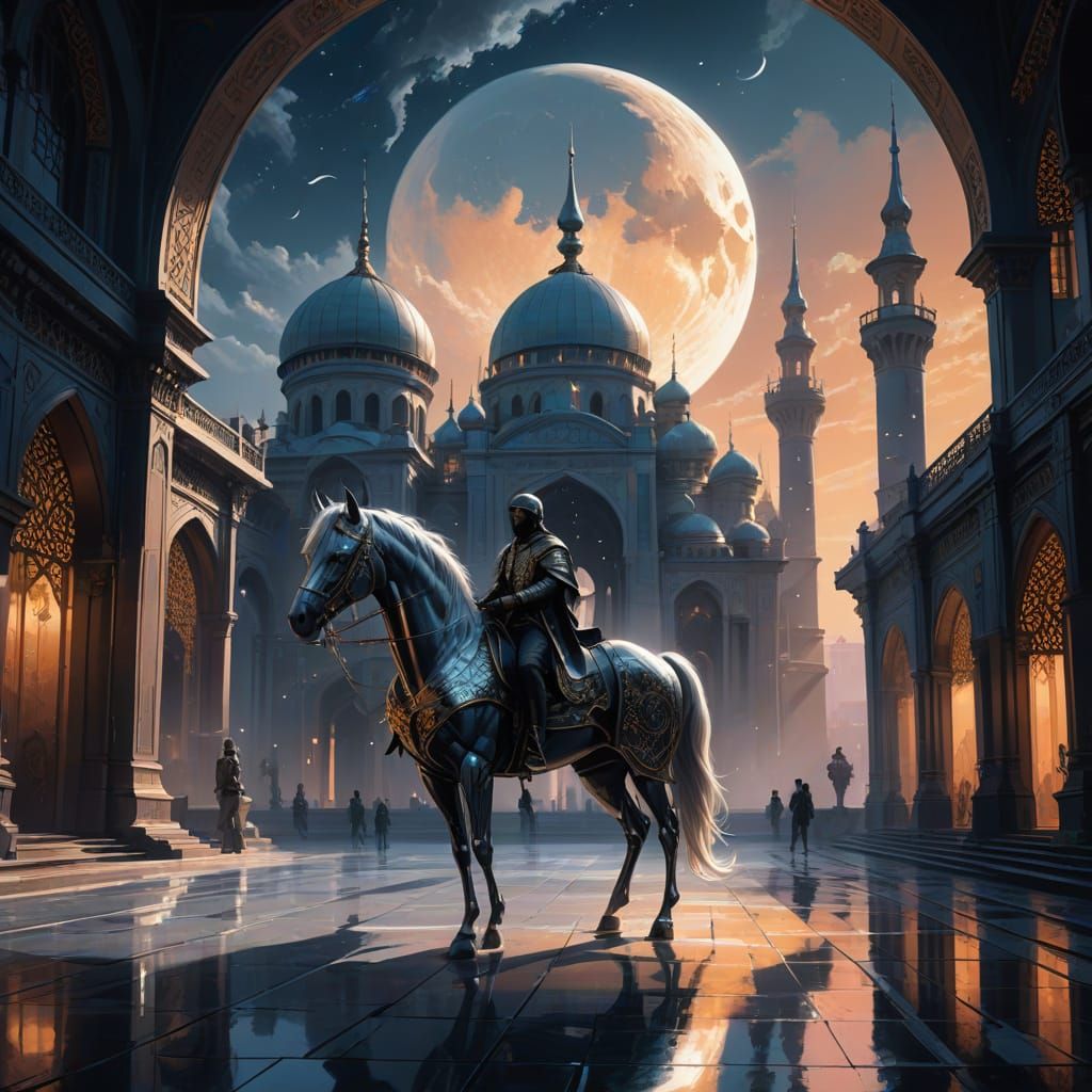 Heroic Figure Amidst Majestic Horses and Dreamlike Architect...
