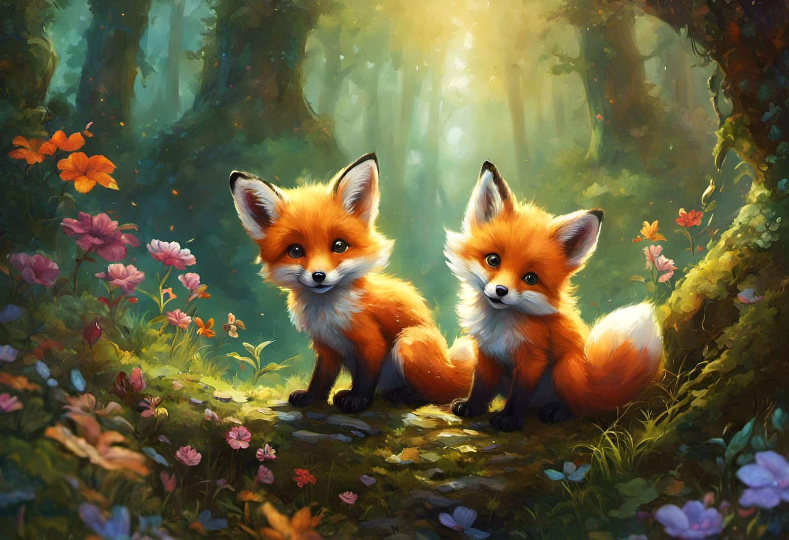 Cute Chibi Fox Cubs Playing in Hyperdetailed Fantasy Art