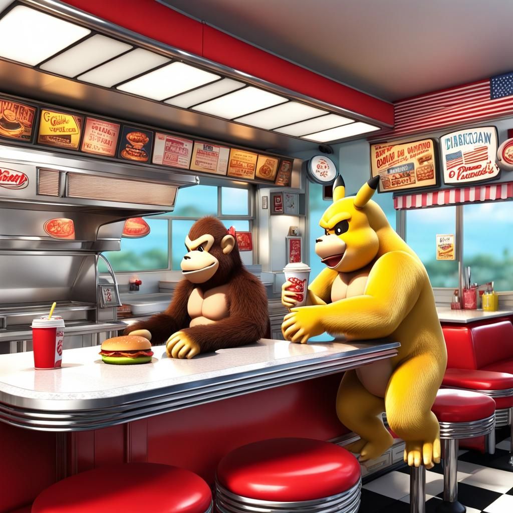 Donkey Kong and Pikachu in 1950s Diner