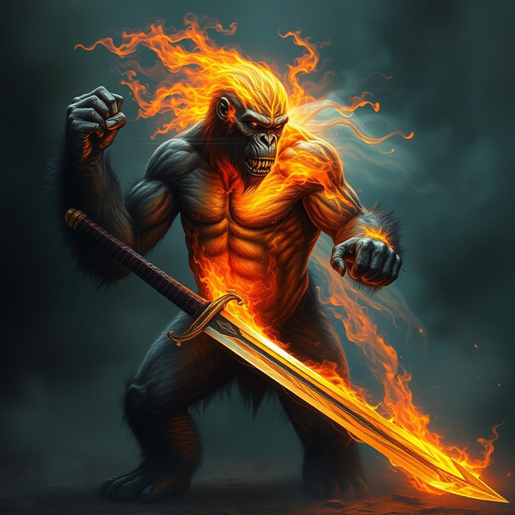 Surreal Gorilla Ghost Wields Sword Amidst Blazing Inferno