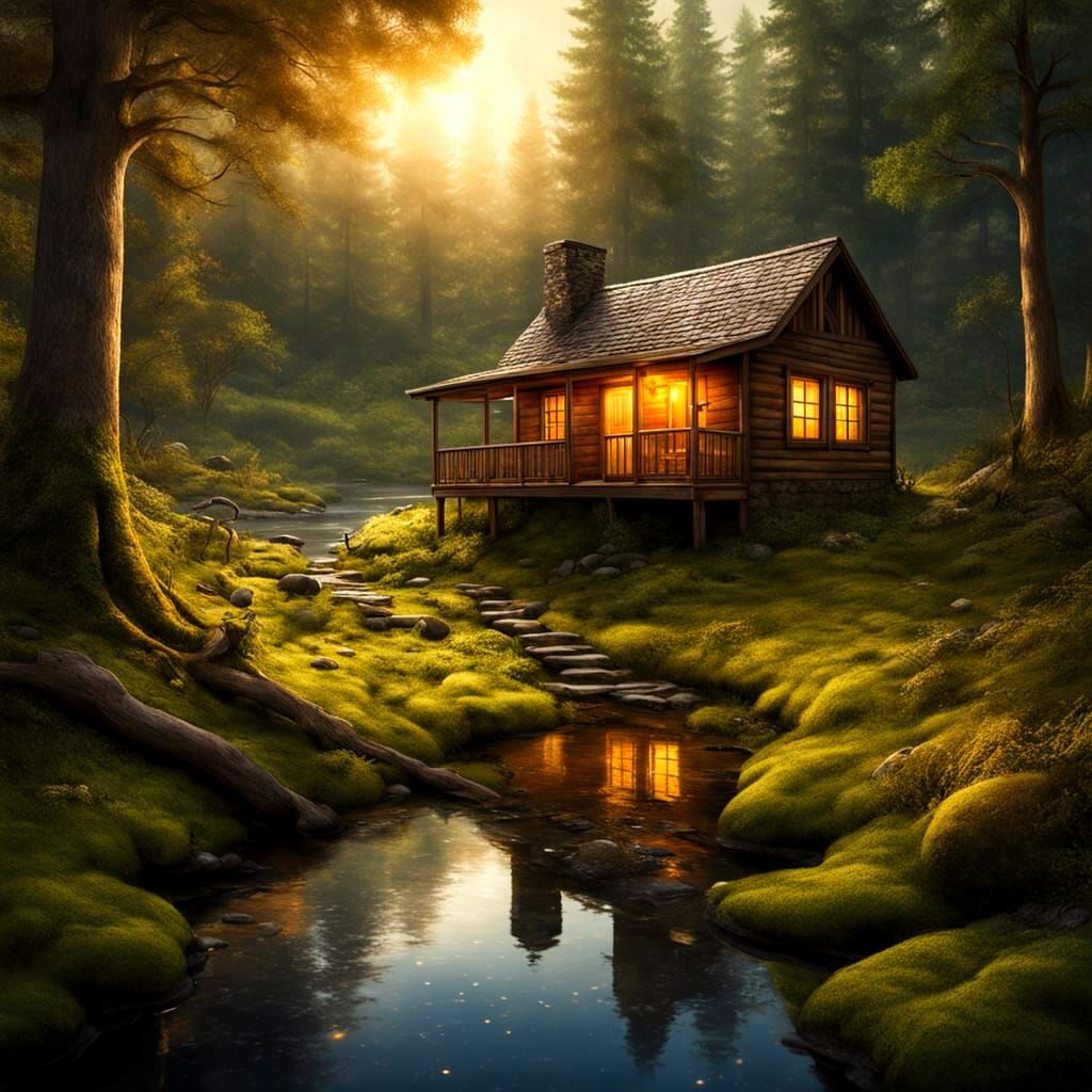 Relaxing Cabin by Stream in Detailed Woodland Landscape