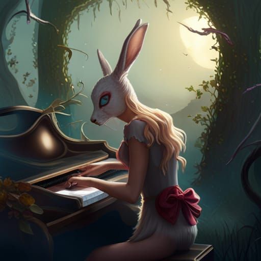 Anthro Rabbit Girl Plays Piano in Dark Fantasy Style