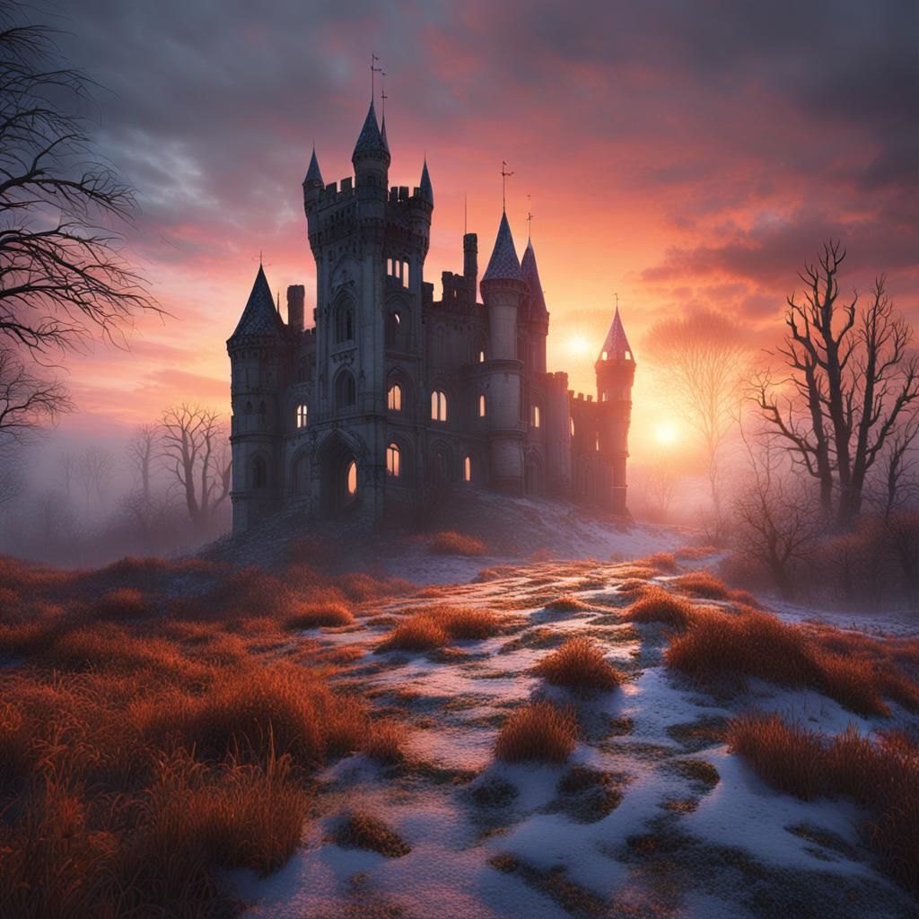 Abandoned Gothic Castle at Sunset in the Snow