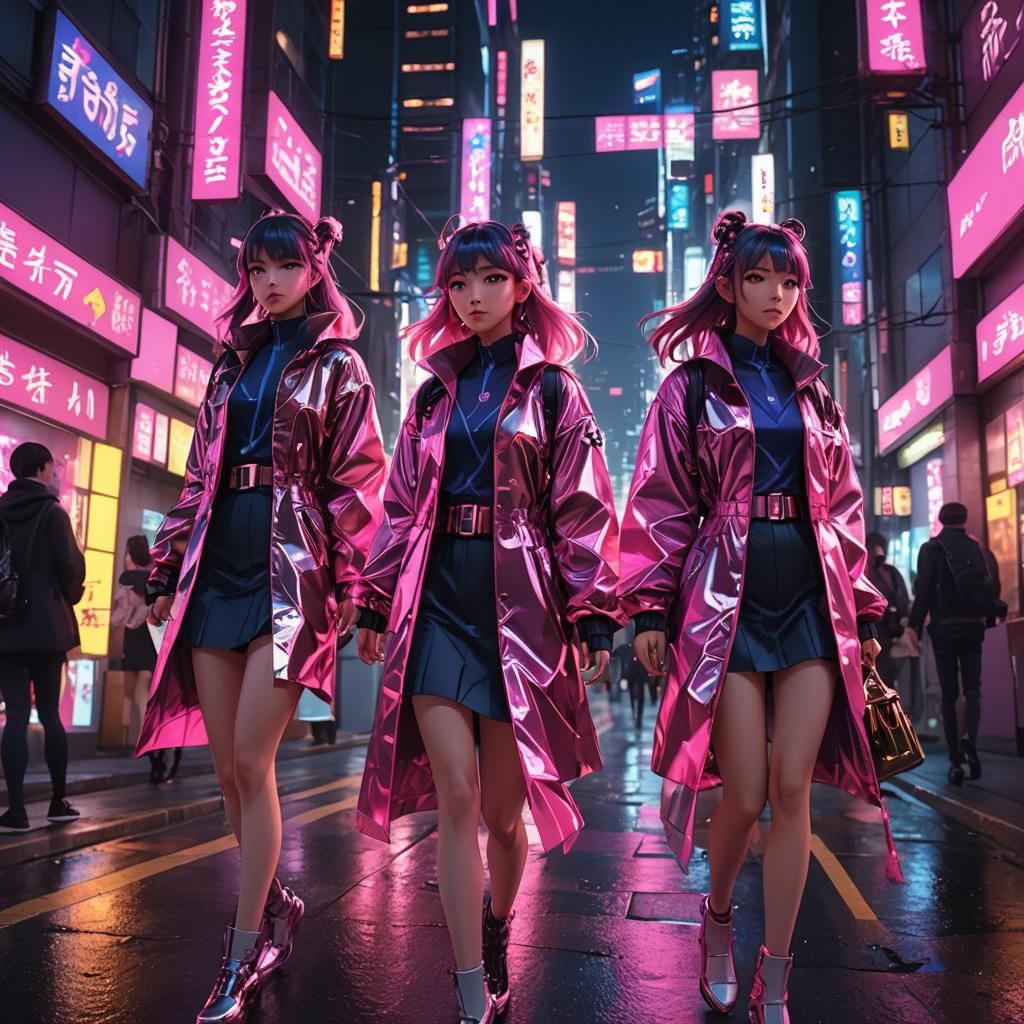 Anime Girls Stroll Through Neon Cityscape