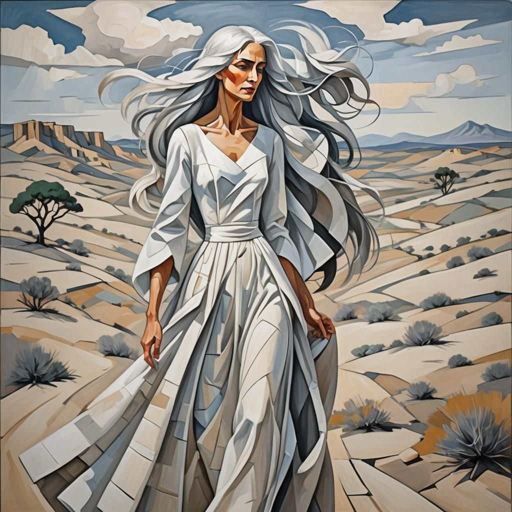 Cubist Woman in White Dress on Barren Land