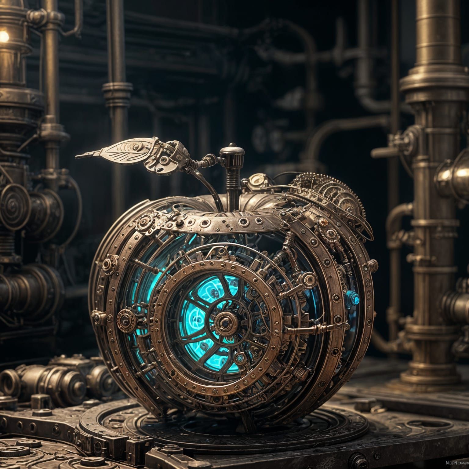 Glowing Mechanical Apple in Steampunk Style