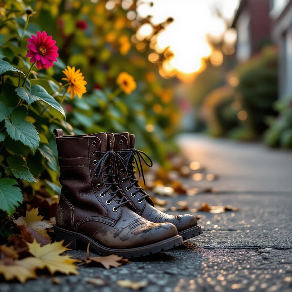 Weathered Boots in Overgrown Garden: Cinematic Autumn Scene