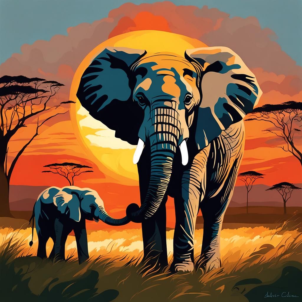 Elephant Family at Sunset: Abstract Art