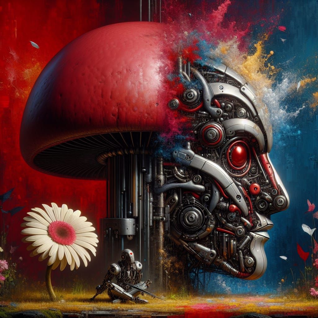 Mechanical Mushroom and Metal Daisy in Hyperrealism